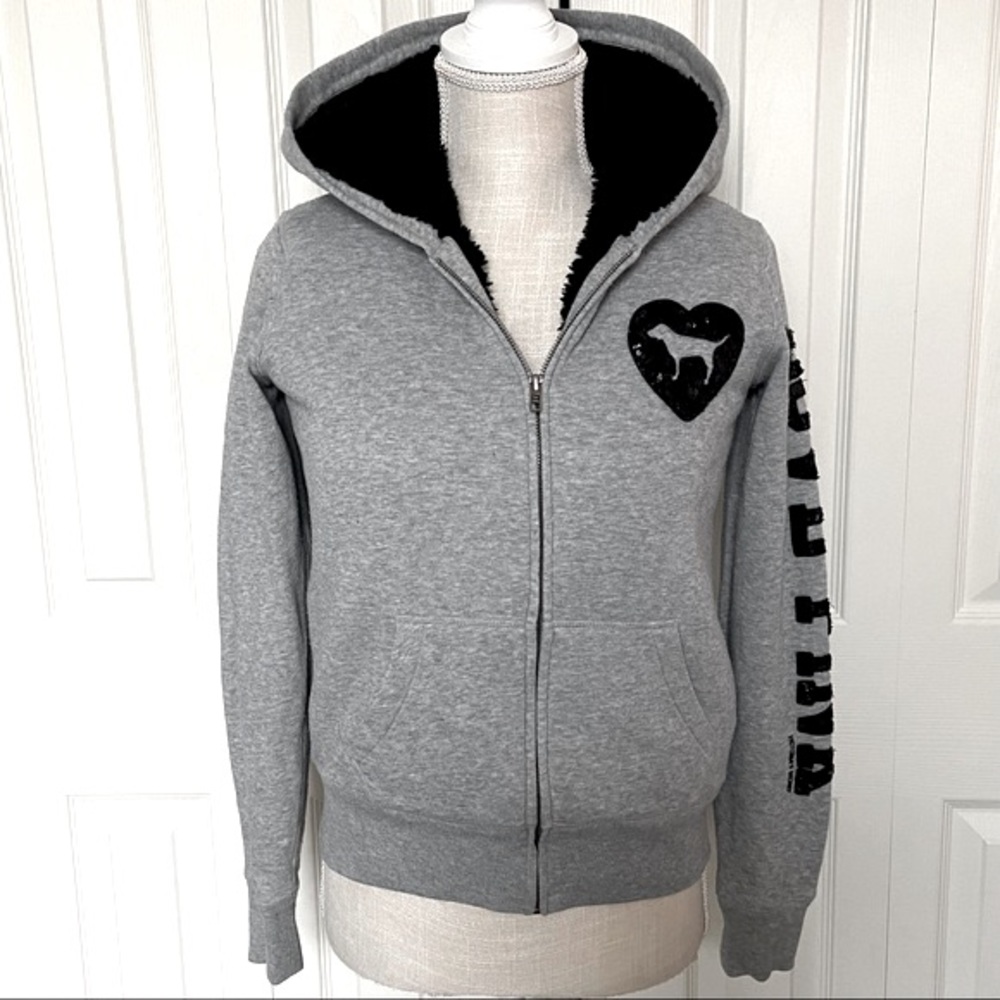 PINK Victoria’s Secret Sherpa Lined Hoodie Sweatshirt Love Pink Bling Size XS